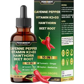 10in1 Cayenne Pepper Liquid Drops with Hawthorn Berry, Vitamin D3, Vitamin K2, Beet Root, Turmeric, Ginger and More - Digestion Support - 1 Fl Oz - 2 Months Supply