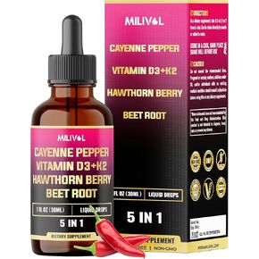 5in1 Cayenne Pepper Liquid Drops مع فيتامين D3 وفيتامين K2 و Hawthorn Berry و Beet Root - دعم الهضم - 1 Fl Oz - 60 يومًا