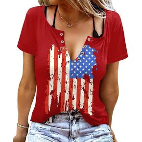 For G and PL 4th of July Women's American Flag Patriotic Ring Hole Short Sleeve T-Shirt