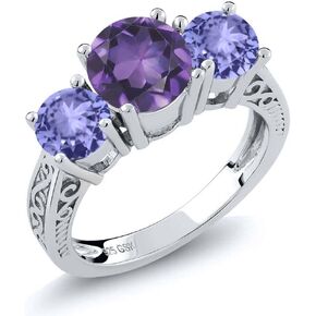 Gem Stone King 2.02 Cttw Purple Amethyst and Blue Tanzanite 3-Stone Ring For Women | 925 Sterling Silver | Gemstone Birthstone | 3 Stone Wedding Engagement Anniversary Promise Ring