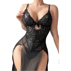 SHENHE Women's Mesh Lace Babydoll Lingerie Dress High Slit Long Nightgown Chemise with Thong