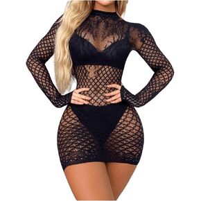 Women's One Piece Long Sleeve Mesh Sheer Fishnet Babydolls Hollow Out Lingerie Dress