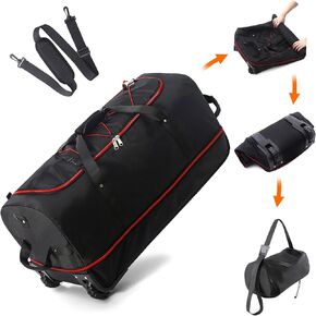 32" 110L Expandable 140L Soft-Sided Rolling Duffle Bag, Foldable Extra Large Sport Bag with 2-Inline Wheels, Black-Red