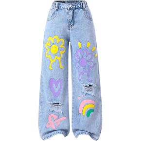 GORGLITTER Girl's Cute Baggy Wide Leg Jeans Ripped Cartoon Print Denim Pants with Pockets