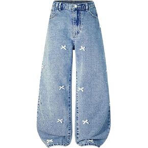 Wdirara Girl's Bowknot Glitter Rhinestone الفضفاضة جينز Y2K عالي الخصر سراويل جينز عريض الساق