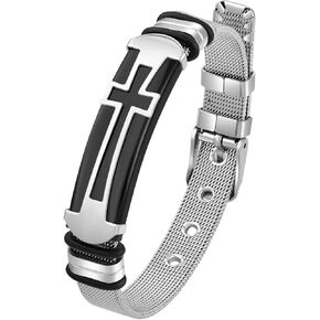 Adjustable Mens Cross Bracelet 316L Stainless Steel Black/Gold/Blue Christian Cross Faith Bracelet Mesh Chain Stylish Cool jewelry for Man Father Husband