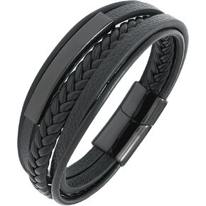 YL Mens Bar Braided Bracelet Black Stainless Steel Leather Bracelets Black Multi-Layer Bangle Wristband Jewelry 8.7"