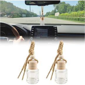 Car Hanging Diffuser, 2PCS 8ML Clear Glass Vehicle Empty Essential Bottle Pendant with Wooden String, Refillable Automotive Oil Vase Ornament, Universal for SUV, Sedan, Truck