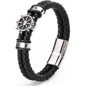 Men's Braided Bracelet Stainless Steel Silver with Clasp Leather Bracelet Boat Rudder Jewelry Gifts