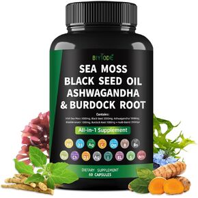 Sea Moss Capsules: Sea Moss Black Seed Ashwagandha Bladderwrack Burdock Root Multi-Blend Vitamin D3 C Vitamin 60 Capsules 30 Day Supply