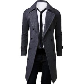 SOMTHRON Men's Casual Trench Coat Slim Fit Notched Collar Long Jacket Business Overcoat Double Breasted Pea Coat