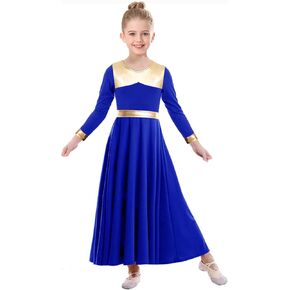 Long Sleeve Praise Dance Dress for Girls Metallic Liturgical Worship Dance Costumes Lyrical Costume Church Robe