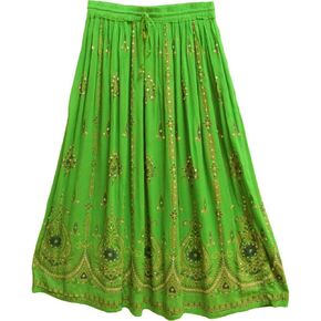 Tie Dye Yoga Trend Women's Sequined Crinkle Broomstick Gypsy Long Skirt (Parrot Green)
