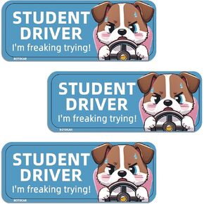 Funny Student Driver Magnet for Car - 3 Pack 9"x3.5" Magnetic Reflective Funny Removable Novice Driver Safety Attention Sign - Weather-Resistant (Blue Dog)