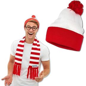Wheres Waldo Hat - Fun & Trendy Wheres Waldo Costume Beanie - Playful Red and White Hat Waldo Costumes for Men & Women - White Beanie with Red Pom Where's Waldo Accessories - Wheres Waldo Beanie
