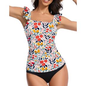 WOWENY Tankini Swimsuits for Women Ruched Tummy Control Bathing Suit Swimwear UPF 50+ Ruffle Padded Tops Only No Bottom