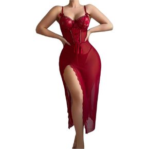 SHENHE Women's Lace Babydoll Lingerie Mesh Slip Dress High Slit Sheer Long Nightgown Chemise