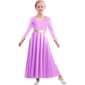 Girls Praise Dance Dress Metallic Gold Liturgical Worship Church Robe Full Length Swing Lyrical Costume