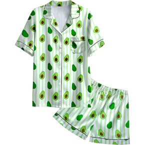 Nidoul Girls Pajamas Satin Pajama Set Silk Pjs Short Sleeve Button Down Summer Sleepwear for Big Kids 7-14Y