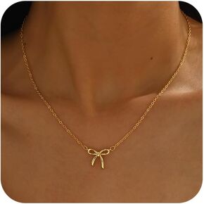 Dainty Bow Gold Necklace for Women Non Tarnish 14k Gold Plated Pendant Necklaces Trendy Cute Simple Charm Herringbone Bow Pearl Chain Necklace Gold Jewelry for Women Birthday Gift