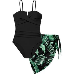 Girls Swimsuit Crisscross Ruched Cut Out Bathing Suit Adjustable Back Tie One Piece Swimsuit with Print Cover Up 9-16T