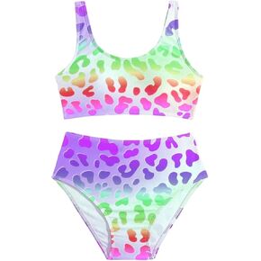 Floerns Girl's 2 Piece Swimsuits Leopard Print Scoop Neck Beach Bathing Suit