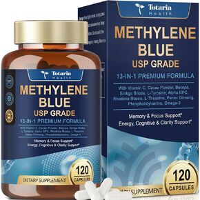 Methylene Blue Capsules (USP Grade) - 13 in 1 Upgrade Patented Brain Formula with Vitamin C Ester, Bacopa, Phosphatidylserine, Omega-3 Fatty Acids - Memory, Focus, Clarity, Cognitive, 120 Count