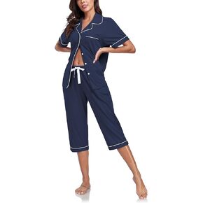 ANLIQI Womens Capri Pajamas Sets 100% Cotton Button Up Short Sleeve Top & Capri Pants Pjs Summer Sleepwear with Pockets