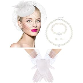Geyoga 5 Pcs Tea Party Hat and Glove Set Fascinators Hat for Women Veil Headband Pearl Jewelry for 1920s Party in Saudi Arabia