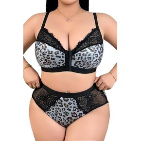 Women's Plus Size 2 Piece Lingerie Set Leopard Print Sexy V Neck Mesh Sheer Push Up Strappy Underwear Sets