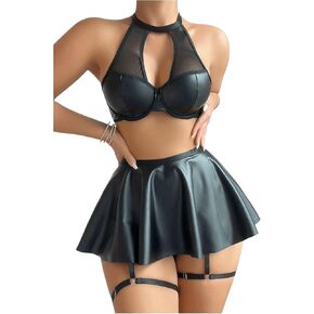 SHENHE Women's PU Leather Lingerie Garter Set Underwire Halter Bra Mini Skirt Lingerie Set