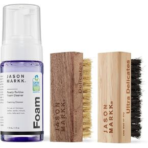 Jason Markk Quick Clean Kit & Ultra Helicates Brush ، حزمة من 3 قطع ، رغوة جاهزة للاستخدام وفرشاة شهية ، رعاية أحذية رياضية ، مثالية للأحذية ، آمنة للجلد ، جلد الغزال ، nubuck ، القطن ، الحياكة ، 4 أوقية