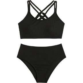 MakeMeChic Girl's Bikini Sets Criss Cross Spaghetti Strap Rib Knitted Bathing Suit
