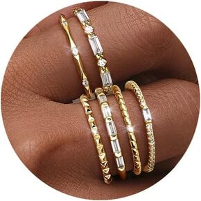 FIBO STEEL Gold Rings for Women Non Tarnish Dainty Stackable Ring Set Cubic Zirconia Wedding Band Promise Bands for Her Women's Jewelry Size 5-10