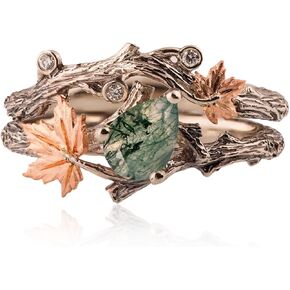 Natural Moss Agate Ring for Women 925 Sterling Silver Green Agate Promise Ring with Vine Leaf Engagement Wedding Jewelry Gift for Women Free Engraving-C6.5