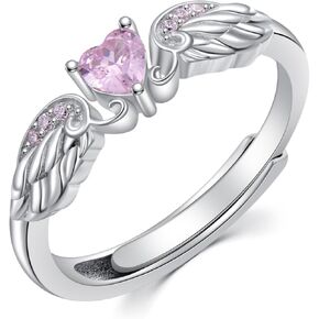 925 Sterling Silver Angel Wing Heart Ring for Women High Polish Angel Memorial Ring with Heart Gemstone Birthstone Promise Ring Mothers Day Jewelry Christmas Gifts