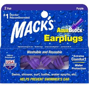 سدادات أذن Mack's Aquablock للسباحة ، زوجان - مريح ، مقاوم للماء ، مقابس سيليكون قابلة لإعادة الاستخدام للسباحة ، الغطس ، الاستحمام ، ركوب الأمواج والاستحمام (الأرجواني)