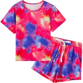 Girls Summer Tie-Dye Outfits Cute T-Shirt and Elastic Waist Shorts Set with Side Pockets