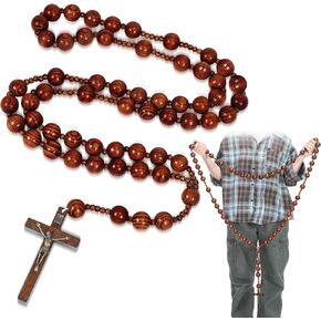 Bucherry 59 Inches Super Jumbo Holy Mix Beads Wall Display Solid Wood Rosary Catholic Holy Big Mix Beads Wall Rosario Natural Wood Chain Jesus Cross (Dark Brown)