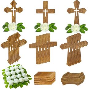 Kigley 12 Pcs Standing Wooden Cross 3 Style Wood Crosses for Crafts with Bases 24 White Roses Artificial Flowers with Leaf First Communion Baptism Centerpieces for Baptism Decoration (Dark Brown)