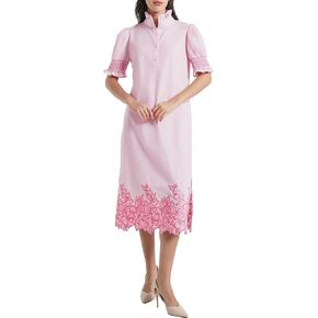 Womens Casual Shirt Dress Button Down Short Sleeve Midi Dress Flower Embroidery Slit Spring Summer Fall Fashion Dresses