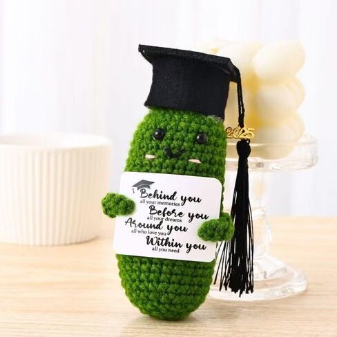 Emotional Support Pickle, Graduation Gifts Handmade Cucumber Crochet Doll, Positive Crochet Animals with Doctoral Hat, Funny Graduation Decorations in Kuwait