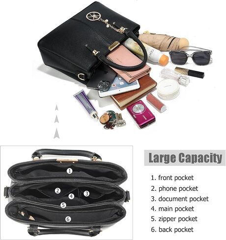 Purse and Handbags for Women, 3 Zip Compartments Tote Bag Designer Shoulder Purse Top Handle Satchel Bags in Kuwait