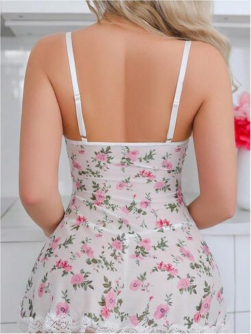 Women's 2 Piece Lingerie Set Ruffle Hem Mesh Babydoll Nightgown Floral Lace Sleep Dress with Panty in Saudi Arabia