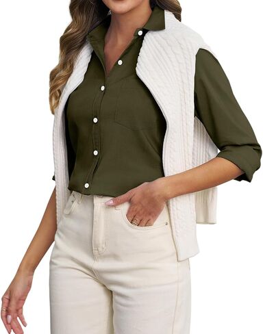 Oxford Shirts for Women Cotton Button Down Shirts Collared Fitted Work Office Blouses Business Top with Pockets in Kuwait