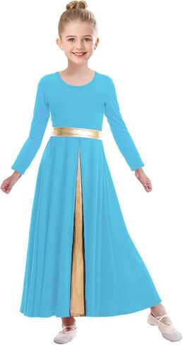 Girls Long Sleeve Praise Dance Dress Metallic Gold Liturgical Worship Costume Lyrical Costumes Church Robe in Kuwait