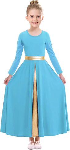Girls Long Sleeve Praise Dance Dress Metallic Gold Liturgical Worship Costume Lyrical Costumes Church Robe in Kuwait
