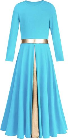 Girls Long Sleeve Praise Dance Dress Metallic Gold Liturgical Worship Costume Lyrical Costumes Church Robe in Kuwait