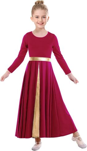 Girls Long Sleeve Praise Dance Dress Metallic Gold Liturgical Worship Costume Lyrical Costumes Church Robe in Kuwait