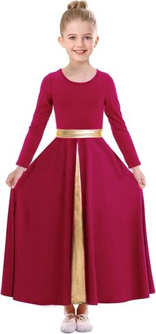 Girls Long Sleeve Praise Dance Dress Metallic Gold Liturgical Worship Costume Lyrical Costumes Church Robe in Kuwait